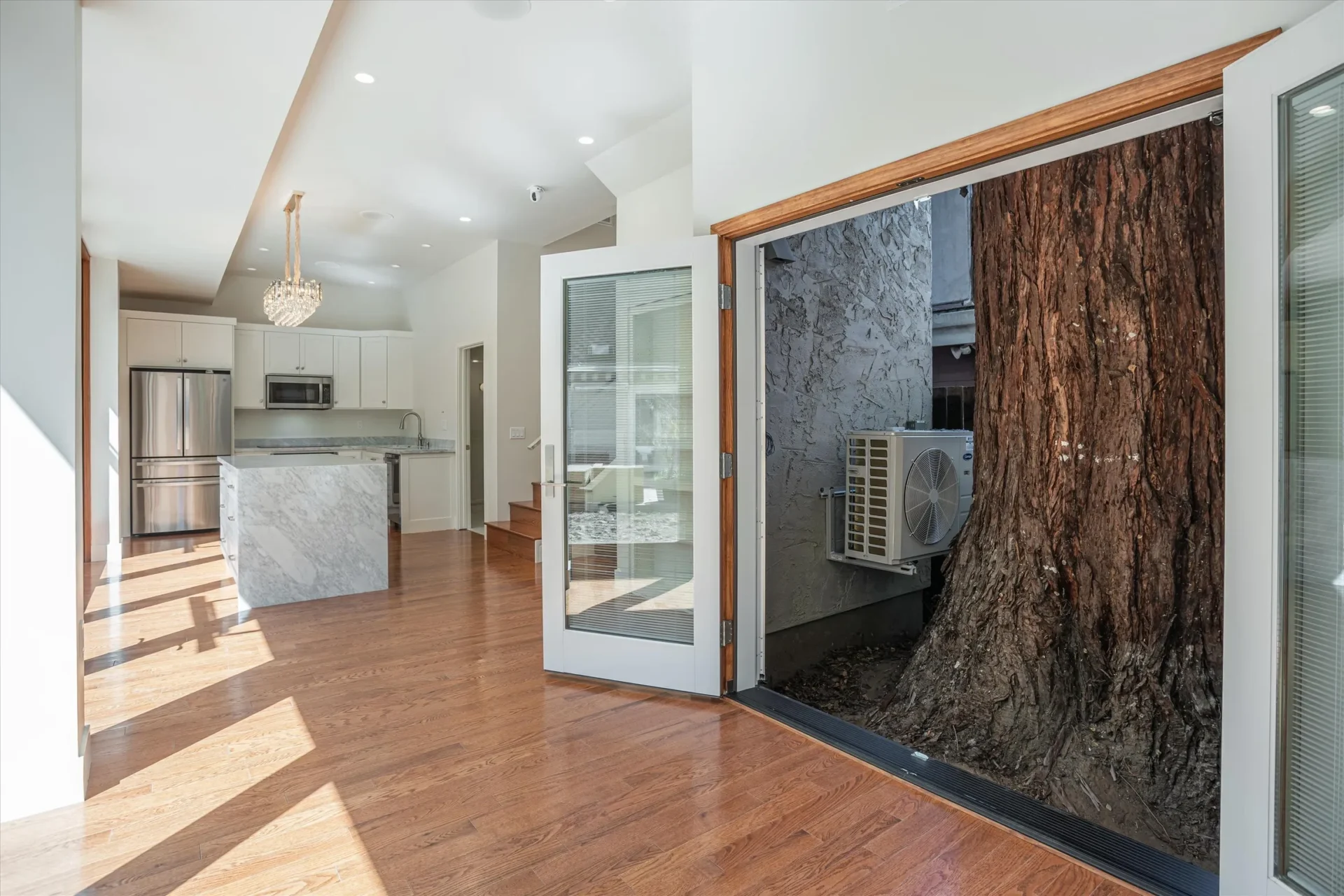 Modern kitchen with tree view through window.